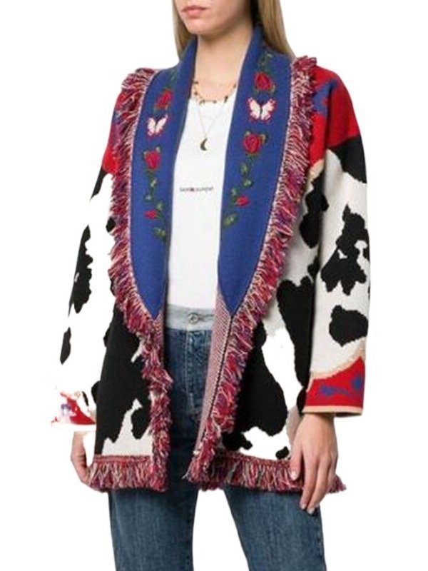 Women’s Cow Print Fringe Knit Cardigan - Image 2