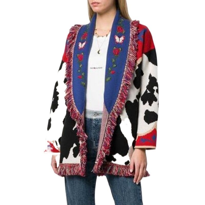 Women’s Cow Print Fringe Knit Cardigan